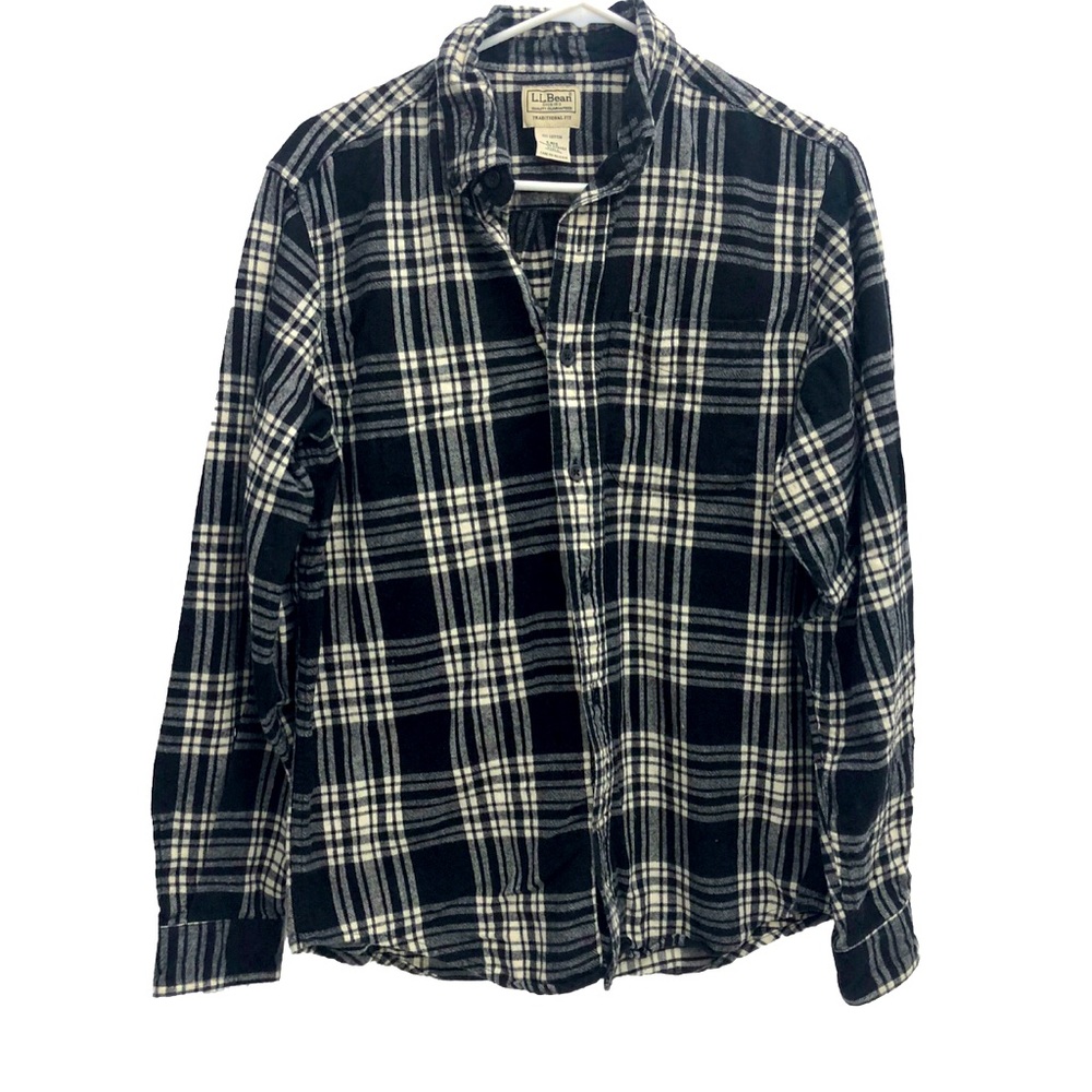 L.L. Bean Traditional Fit Black & White 100% Cotton Plaid Size Small Regular